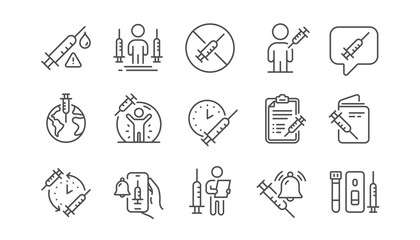 Vaccine line icons. Corona jab, Medical Syringe, Vaccination passport icons. Covid vaccine, Human jabbed and Coronavirus dose. Syringe needle, Corona injection, Vaccination notification. Vector