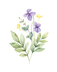 Watercolor vector bouquet of with wildflower flowers and leaves.