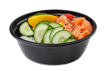 Poke bowl with salmon fish, rice, cucumber, sesame seeds isolated