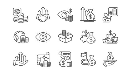 Finance line icons. Accounting coins, Budget Investment, Trade Strategy icons. Finance management, Budget gain and Business asset. Money economy, Loan in dollars and Treasure map. Linear set. Vector