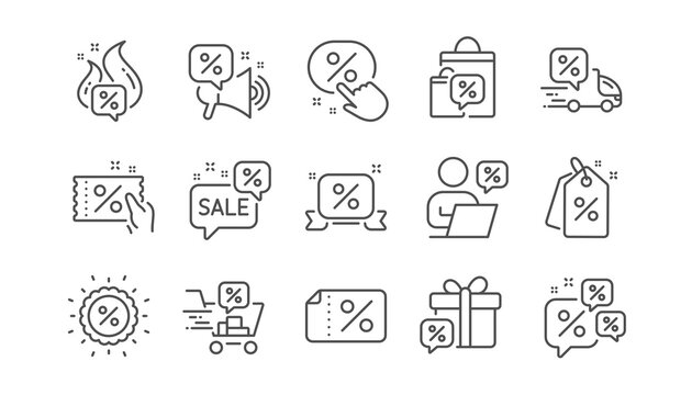Discounts line icons. Sale Coupon, Promotion offer sign, Discount price tag. Wholesale store market and hot deal line icons. Coupon ticket, megaphone offer, delivery discount. Linear set. Vector