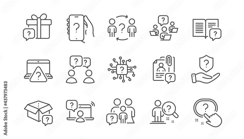Poster questions line icons. problem solve, artificial intelligence computer, phone with question mark. qui