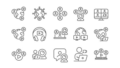 Online meeting line icons. Video conference, Virtual presentation, Live chat icons. Team video, Digital training, Online presentation. Live webinar, Remote team conference, Virtual study. Vector