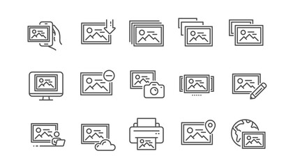 Photo line icons. Download picture, Print image, Photo camera icons. Edit image, Presentation and photo printer. Picture gallery carousel, placeholder pic. View portfolio. Linear set. Vector