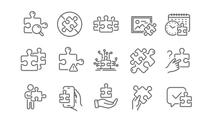 Puzzle line icons. Business Strategy, Jigsaw Challenge time, Puzzle Pieces icons. Solution, Decide or Solve piece of problem. Jigsaw game time, Solution options. Linear set. Quality line set. Vector