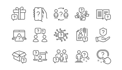 Questions line icons. Problem solve, Artificial Intelligence computer, Phone with Question mark. Quiz, faq guide, job interview line icons. Ask person, question bubble, family problem. Vector - obrazy, fototapety, plakaty