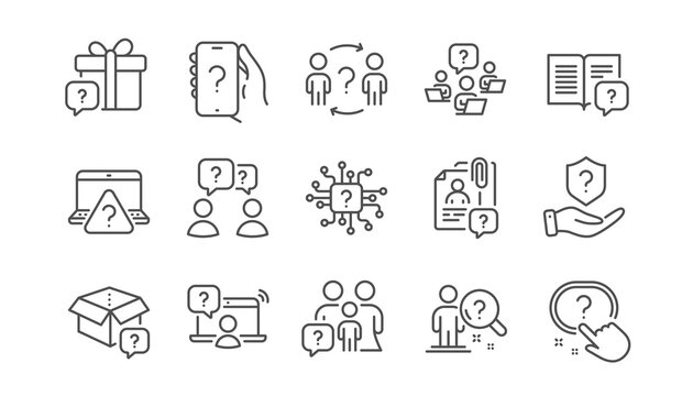 Questions line icons. Problem solve, Artificial Intelligence computer, Phone with Question mark. Quiz, faq guide, job interview line icons. Ask person, question bubble, family problem. Vector