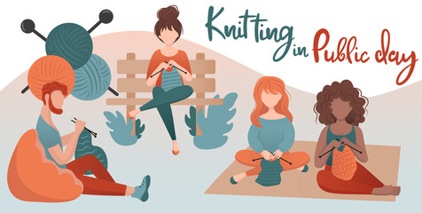 Fototapeta na wymiar Different people man and woman knits at park sitting on bench or on grass. World wide Knit in public place day. Hobby time. Vector cute flat cartoon illustration. Handmade concept.