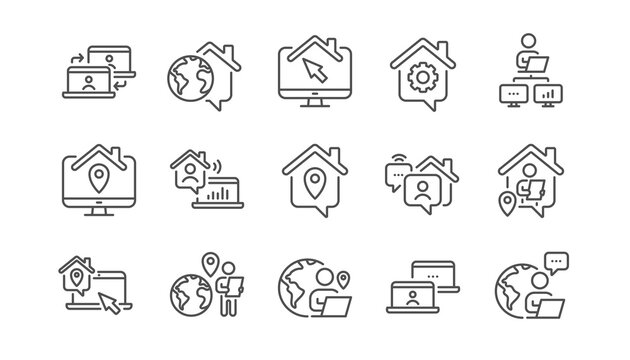Work at home line icons. Office employee, Remote worker and Freelance job. Stay at home, internet work, remote teamwork line icons. Worker with computer, home workspace, shared network. Vector