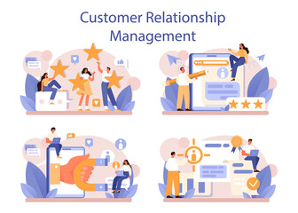 CRM or customer relationship management concept set. Client attracting