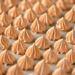 Group of orange meringues, close up shot. Airy sweets in form of drop, fresh from oven. Delicate dessert, egg sweets or Pastries. Food background. Soft focus.