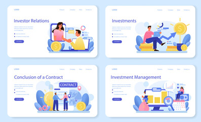 Investor relations web banner or landing page set. Investings involvement