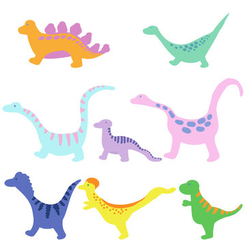 Set of dinosaurs in cartoon style, cute doodle reptiles for design