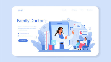 Pediatrician web banner or landing page. Doctor examining a child