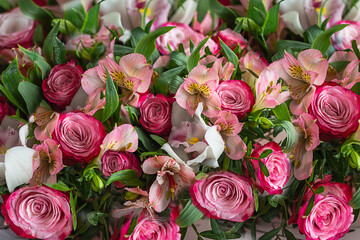 Background of beautiful live mixed flowers. Top view