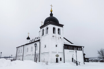 Temple of Sergius of Radonezh in village of Sviyazhsk, near Kazan, Russia. This is refectory temple, built in 1604. Inscription above door translates as 'Monastic refectory' (in Russian)