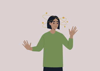 A young female character feeling dizzy with yellow stars orbiting around their head