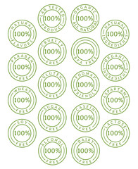 Natural and organic food line icons set. Symbols of nutrients are common in food products collection. Gluten free, lactose free, sugar free, lactose free, vegan. Nutrition facts icon.