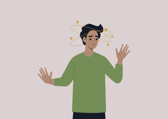 A young male character feeling dizzy with yellow stars orbiting around their head