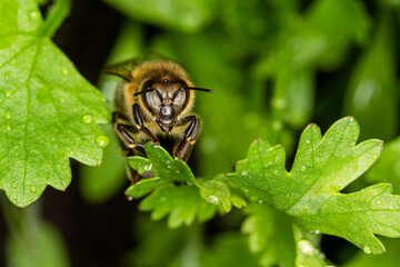 Honey bee on a leaf.