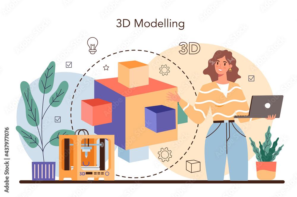 Poster designer 3d modeling concept. digital drawing with electronic tools