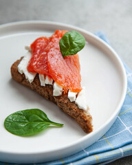 Bruschetta with red fish and cream cheese with black bread on white plate.