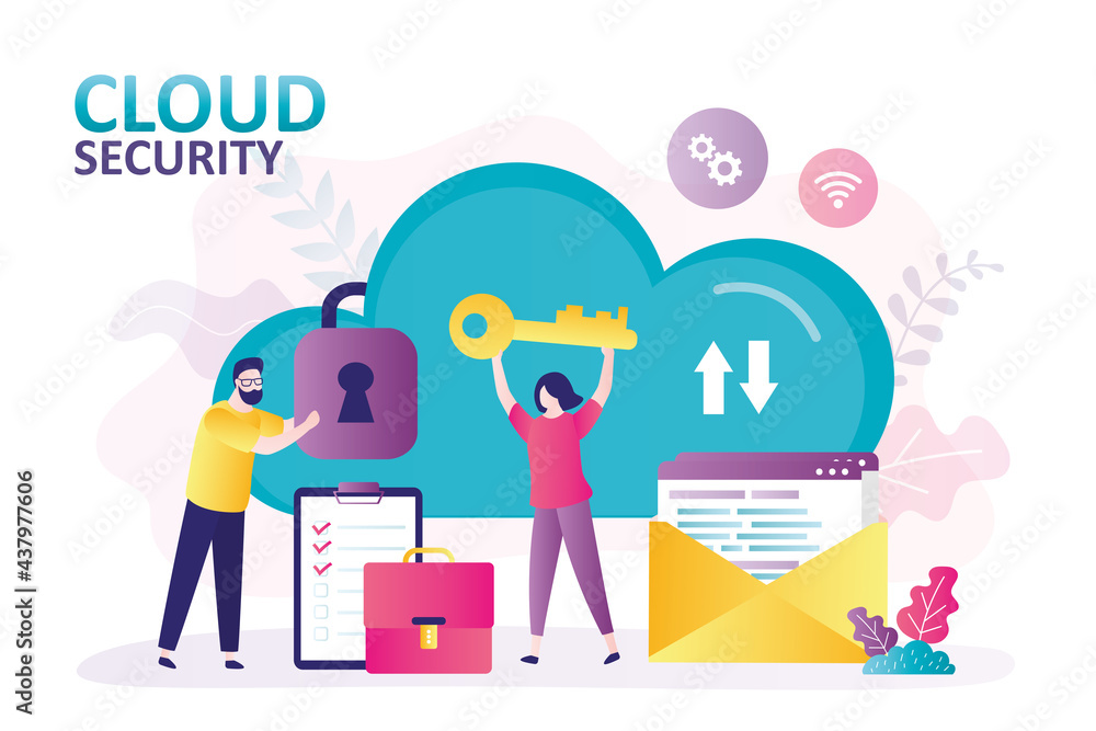 Aufkleber security service protects cloud data storage. female character holds big key. concept of cloud secur