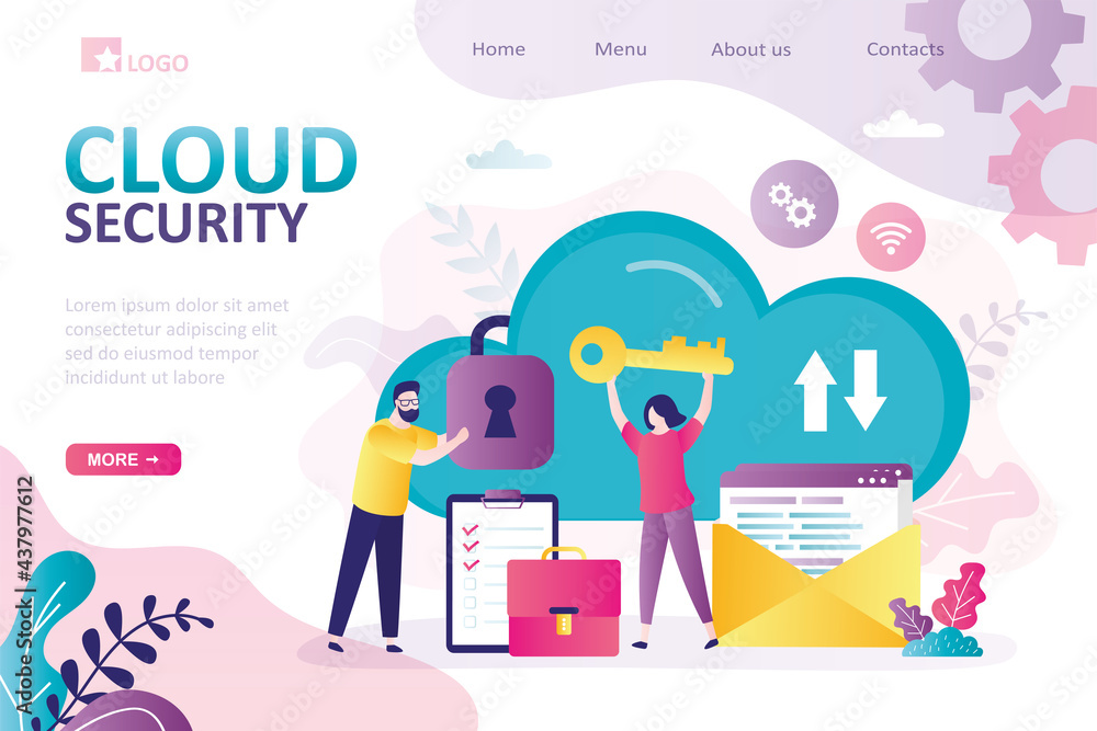 Poster cloud security, landing page template. security service protects cloud data storage. female characte