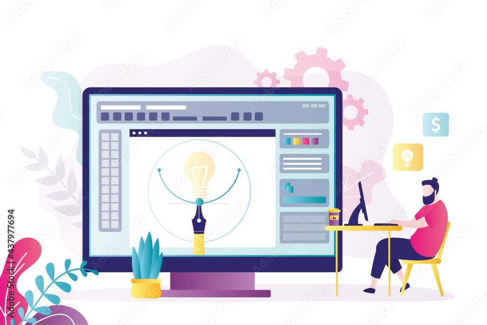 Aufkleber male character draws pictures on computer. concept of graphic design and work process. application f