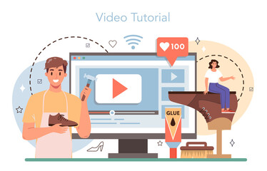 Shoemaker online service or platform. Craftsman wearing an apron