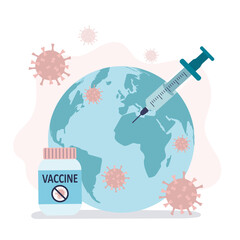 Bottle of medicine against coronavirus. Syringe with covid-19 vaccine. Concept of vaccination and immunization