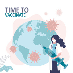 Nurse holding syringe with coronavirus vaccine. Woman in protective mask vaccinating people