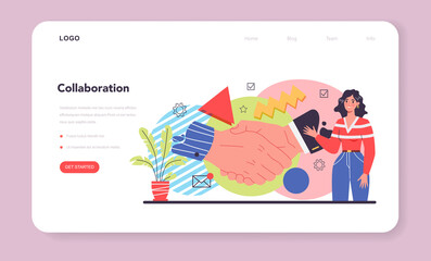 Collaboration web banner or landing page. Office characters working