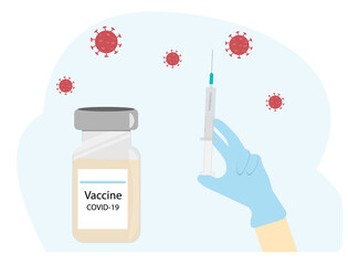 Banner with a bottle of vaccine and a hand with syringe, vector flat illustration	