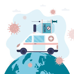 Fototapeta premium Worldwide delivery of coronavirus vaccine. Ambulance with syringe and anti-virus medicine. Protection and prevention of disease
