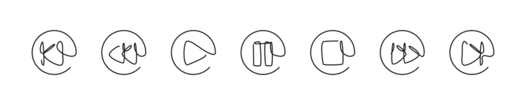 One line media button set, linear play pause stop and forward icon collection vector illustration.