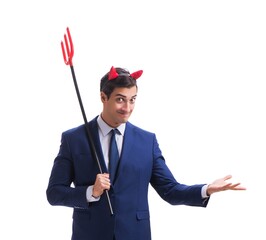 Evil devil businessman with pitchfork isolated on white backgrou