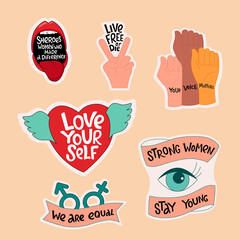 Feminist and women empowerment,diversity stickers set. Handwritten phrase slogan. Lettering quotes, type, font isolated on white background for gender equality female activist poster, banner. EPS10