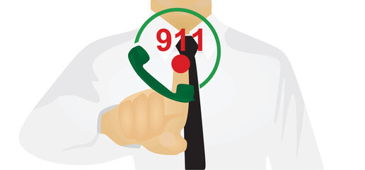 Finger touch 911 button to call. vector