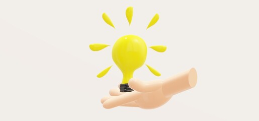 3D cartoon hand holding lightbulb isolated on white background, idea concept. 3d render illustration