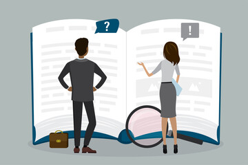 Two business people or employees reads open guide book or user manual. Finding answers, solving problems, FAQ concept. Teamwork, brainstorming. - obrazy, fototapety, plakaty
