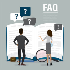 Businesspeople or employees reads open guide book or user manual. Finding answers, solving problems. FAQ, landing page template.