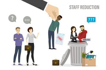 Reduction of unnecessary staff. Crisis in company, dismissal of employees. Fired multiethnic managers, hand puts dismissed workers in metal trash can.