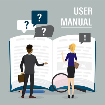 Two business people or employees reads open guide textbook. FAQ, finding answers, solving problems. User manual, concept banner. Teamwork