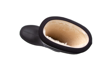 Shoes for bad weather. Warm rubber boots with tractor soles isolated on white back