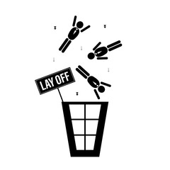 Business people or employees pictograms fall into trash can. Staff reduction, layoff. Monochromatic banner, simple funny poster. Global recession,