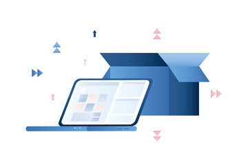 Modern laptop with marketplace application on screen. Ordering goods via Internet. Opened cardboard box. Ecommerce, delivery concept. Fast shipping.