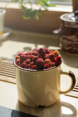 Ripe wild strawberries in a clay mug in the rays of the sun. A healthy summer berry.