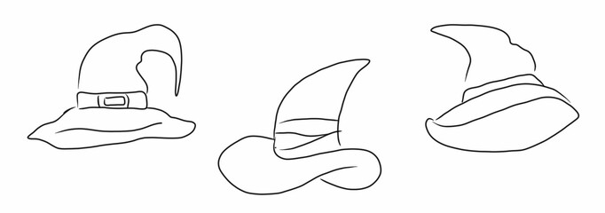 Set Halloween magic hats, hand drawing illustration, isilated, art line style.