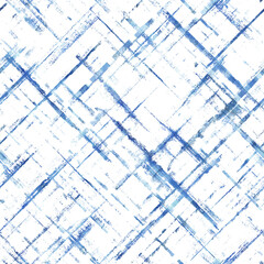 Watercolor stripe diagonal plaid seamless pattern. Blue stripes on white background